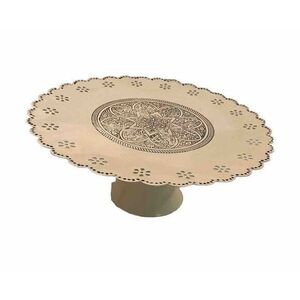 Retro‎ Cake Stand Pedestal Cream Black Scalloped Metal 10" Diameter